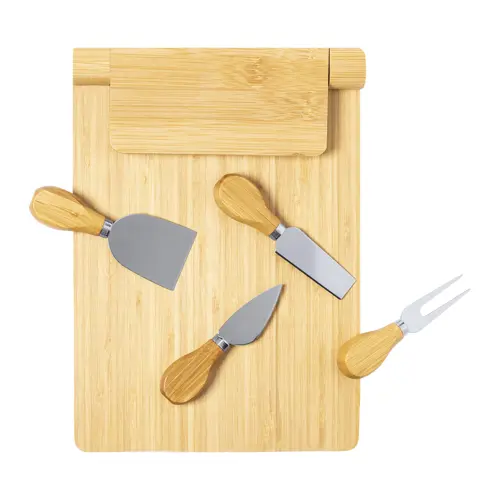 Tagliere in bambù con coltelli da formaggio inox su supporto magnetico pieghevole 300×40×214 mm