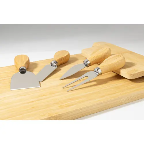 Tagliere in bambù con coltelli da formaggio inox su supporto magnetico pieghevole 300×40×214 mm