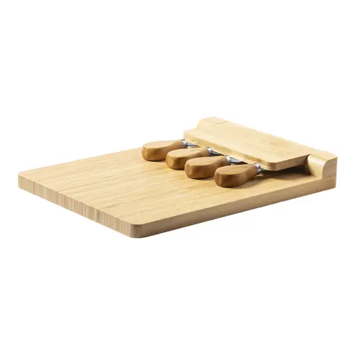 Tagliere in bambù con coltelli da formaggio inox su supporto magnetico pieghevole 300×40×214 mm