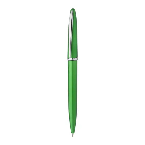 Penna a sfera in plastica colorata e clip cromata con meccanismo a rotazione e refill blu