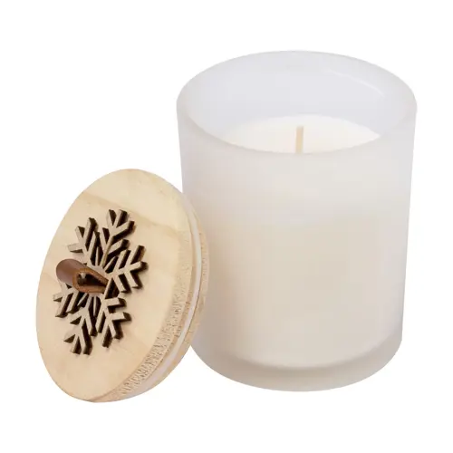 Candela natalizia in vetro con coperchio legno e profumazione vaniglia 