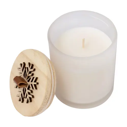 Candela natalizia in vetro con coperchio legno e profumazione vaniglia 