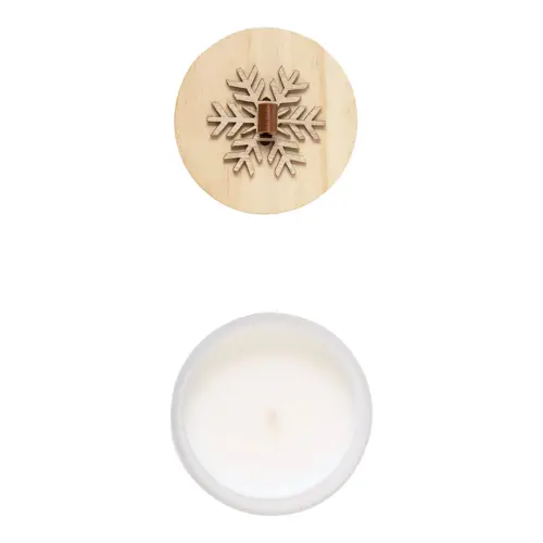 Candela natalizia in vetro con coperchio legno e profumazione vaniglia 