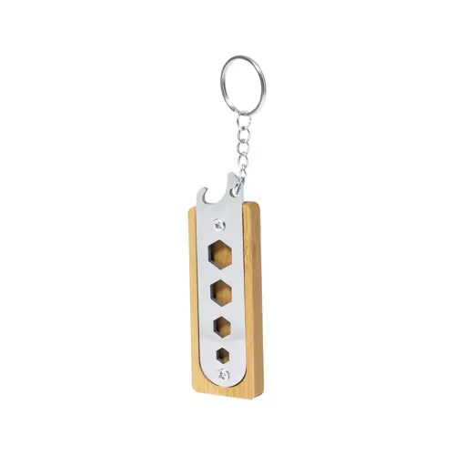 Portachiavi con utensile multifunzione apribottiglie in acciaio e bambù