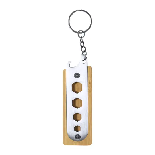 Portachiavi con utensile multifunzione apribottiglie in acciaio e bambù