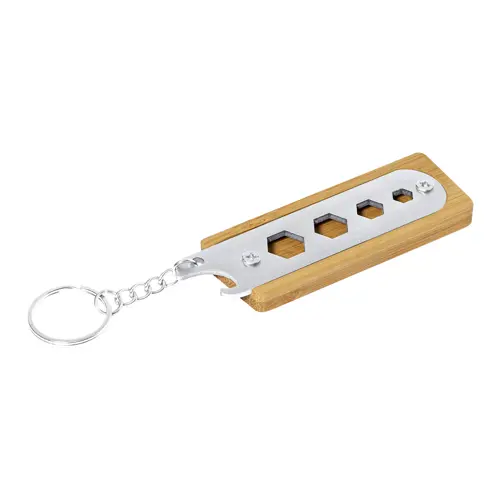 Portachiavi con utensile multifunzione apribottiglie in acciaio e bambù