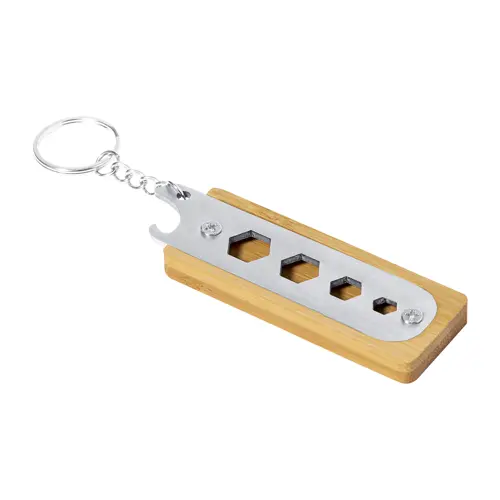 Portachiavi con utensile multifunzione apribottiglie in acciaio e bambù