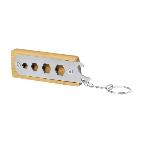 Portachiavi con utensile multifunzione apribottiglie in acciaio e bambù