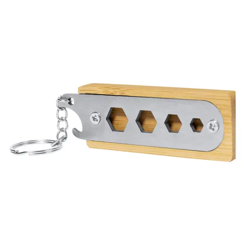 Portachiavi con utensile multifunzione apribottiglie in acciaio e bambù