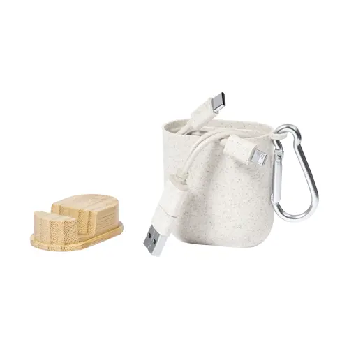 Cavo di ricarica USB in astuccio di plastica ecologica e portacellulare bambù