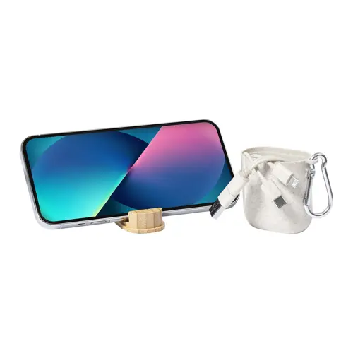 Cavo di ricarica USB in astuccio di plastica ecologica e portacellulare bambù