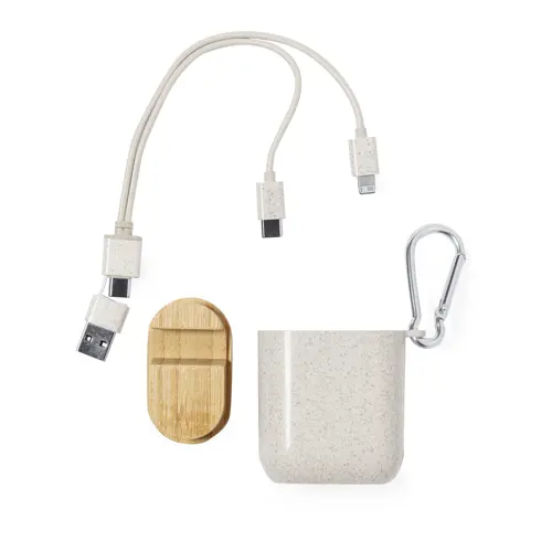 Cavo di ricarica USB in astuccio di plastica ecologica e portacellulare bambù