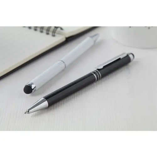 Penna a sfera in alluminio con punta touch e meccanismo a rotazione a refill blu