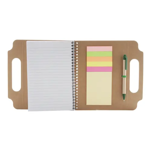 Block Notes A5 a spirale con copertina in cartone riciclato 70 fogli a righe, note adesive, penna refill blu