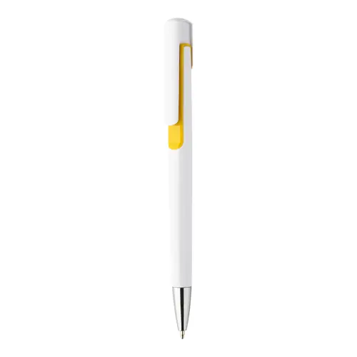 Penna a sfera in plastica bianca con particolari colorati e con meccanismo a scatto e refill blu
