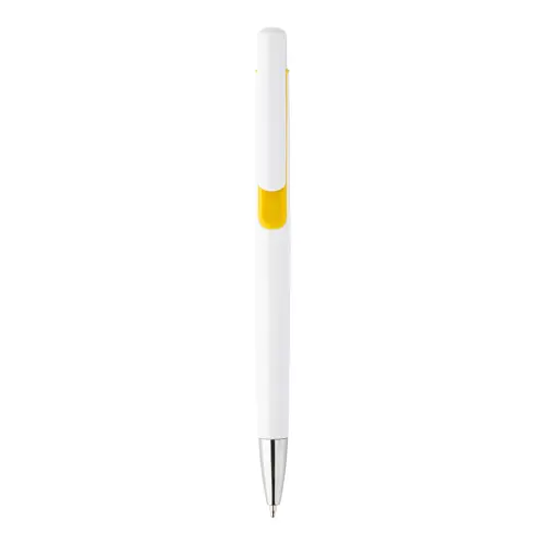 Penna a sfera in plastica bianca con particolari colorati e con meccanismo a scatto e refill blu