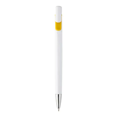 Penna a sfera in plastica bianca con particolari colorati e con meccanismo a scatto e refill blu