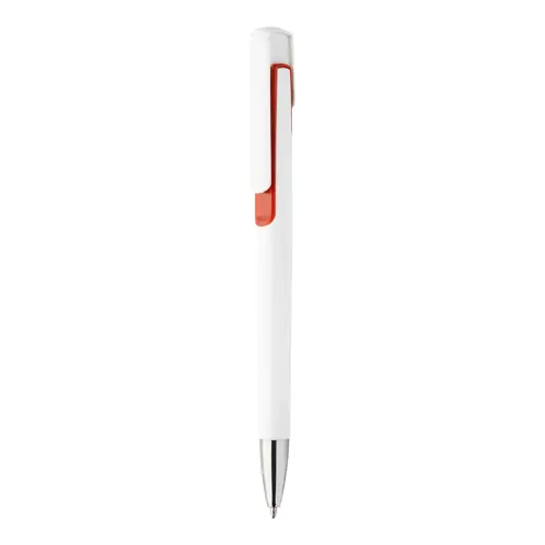 Penna a sfera in plastica bianca con particolari colorati e con meccanismo a scatto e refill blu