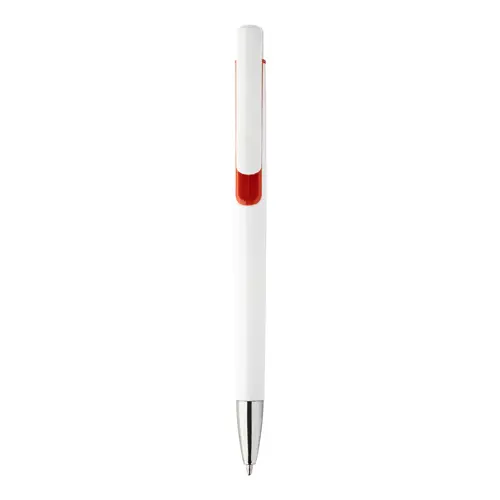 Penna a sfera in plastica bianca con particolari colorati e con meccanismo a scatto e refill blu