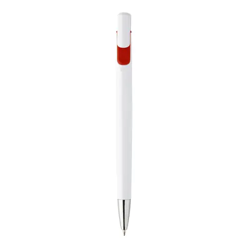 Penna a sfera in plastica bianca con particolari colorati e con meccanismo a scatto e refill blu