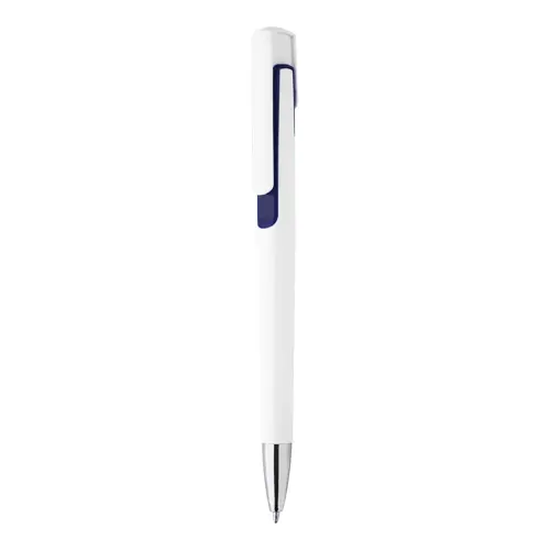 Penna a sfera in plastica bianca con particolari colorati e con meccanismo a scatto e refill blu