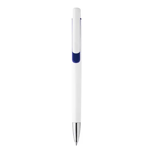 Penna a sfera in plastica bianca con particolari colorati e con meccanismo a scatto e refill blu