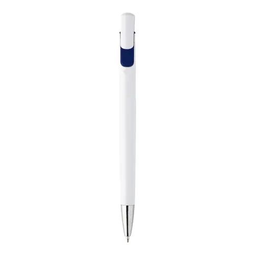 Penna a sfera in plastica bianca con particolari colorati e con meccanismo a scatto e refill blu