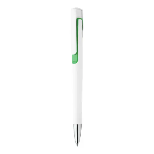 Penna a sfera in plastica bianca con particolari colorati e con meccanismo a scatto e refill blu