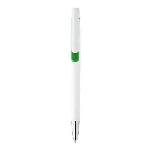 Penna a sfera in plastica bianca con particolari colorati e con meccanismo a scatto e refill blu