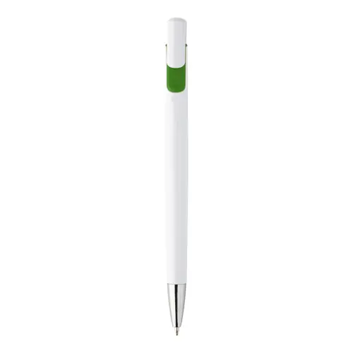 Penna a sfera in plastica bianca con particolari colorati e con meccanismo a scatto e refill blu