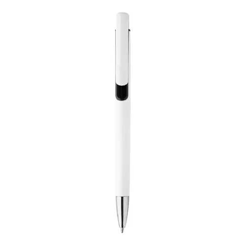Penna a sfera in plastica bianca con particolari colorati e con meccanismo a scatto e refill blu