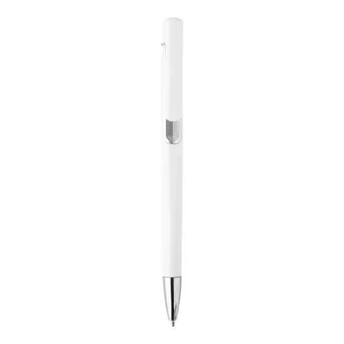 Penna a sfera in plastica bianca con particolari colorati e con meccanismo a scatto e refill blu
