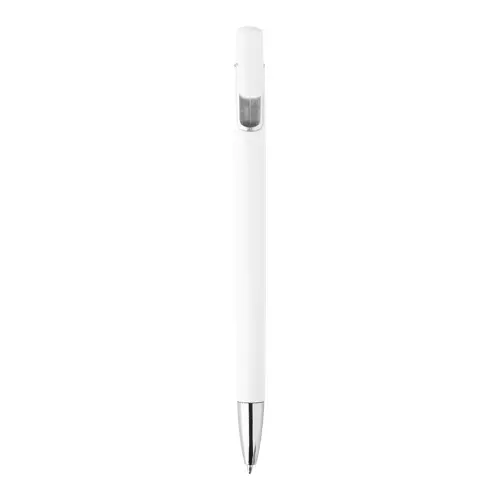 Penna a sfera in plastica bianca con particolari colorati e con meccanismo a scatto e refill blu