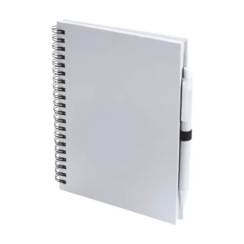 Block notes A5 a spirale con 70 fogli neutri e penna a sfera in carta riciclata refill blu