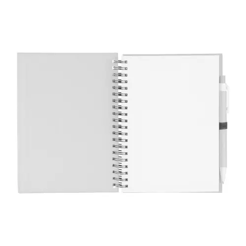 Block notes A5 a spirale con 70 fogli neutri e penna a sfera in carta riciclata refill blu