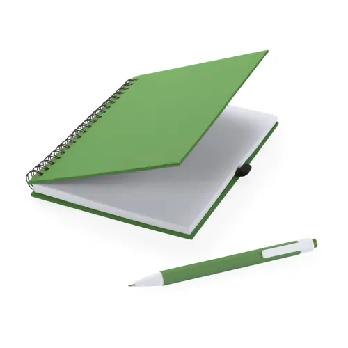 Block notes A5 a spirale con 70 fogli neutri e penna a sfera in carta riciclata refill blu