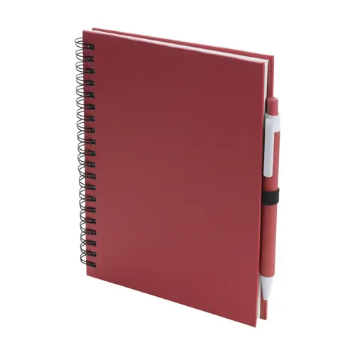 Block notes A5 a spirale con 70 fogli neutri e penna a sfera in carta riciclata refill blu
