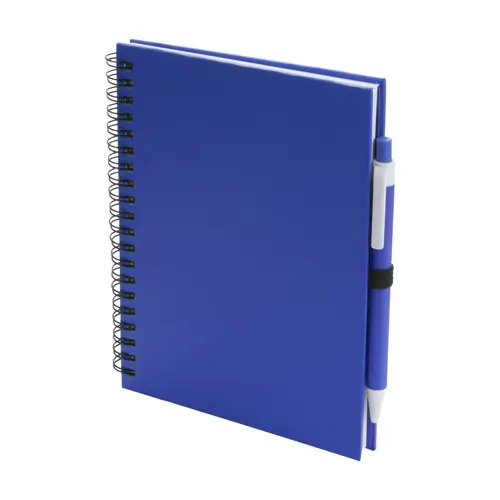 Block notes A5 a spirale con 70 fogli neutri e penna a sfera in carta riciclata refill blu