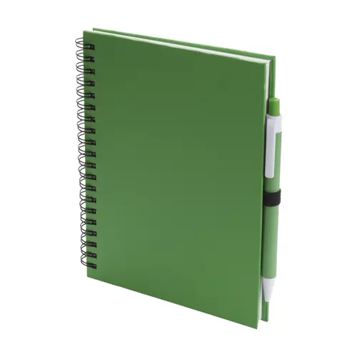 Block notes A5 a spirale con 70 fogli neutri e penna a sfera in carta riciclata refill blu