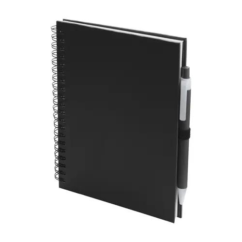 Block notes A5 a spirale con 70 fogli neutri e penna a sfera in carta riciclata refill blu