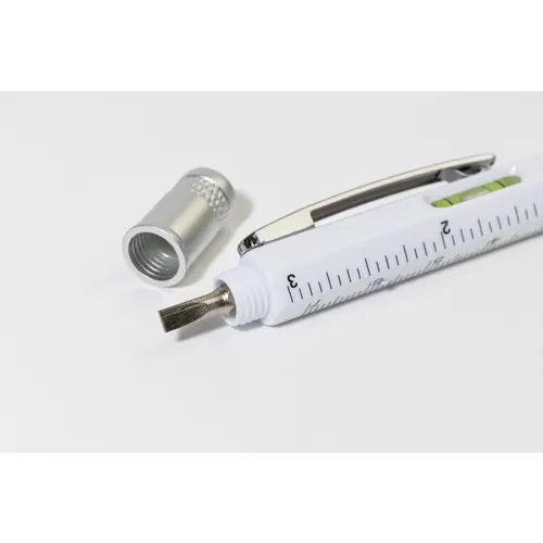 Penna a sfera in plastica multiuso con cacciaviti livella a bolla e righelli clip in metallo e refill blu