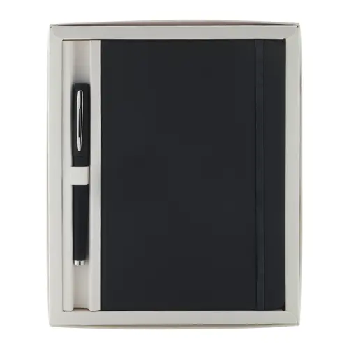 Set block notes A5 in finta pelle con fogli neutri e penna abbinata refill blu in scatola regalo