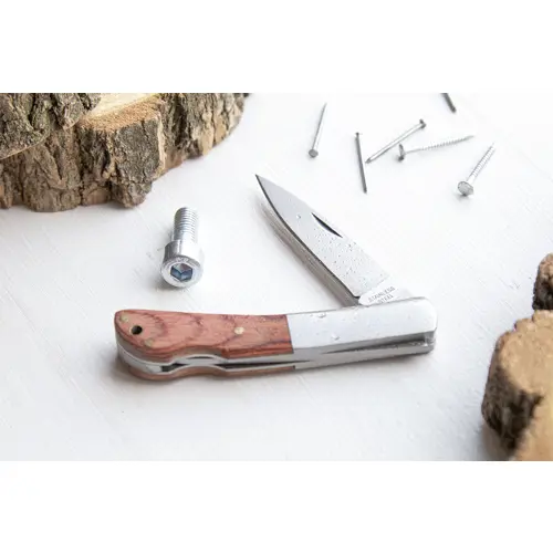Coltello temperino in acciaio con rivestimento in legno e chiusura di sicurezza 165×15×13 mm