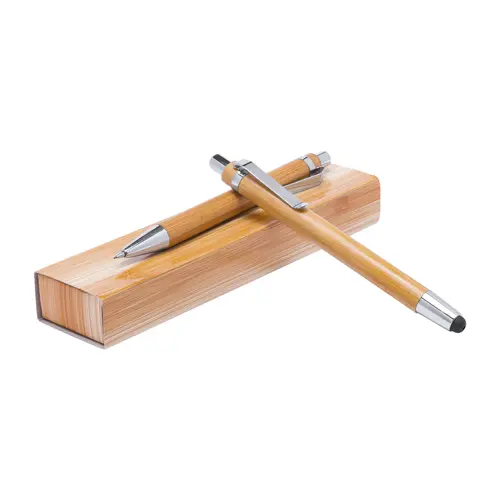 Set penna a sfera e matita in bambù con meccanismo a scatto e scatola in carta e refill blu