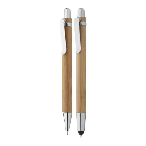 Set penna a sfera e matita in bambù con meccanismo a scatto e scatola in carta e refill blu