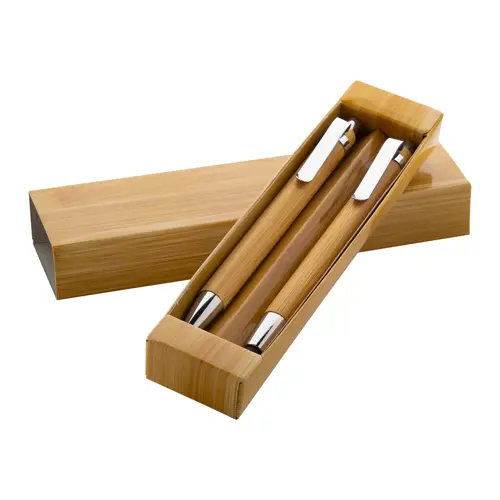 Set penna a sfera e matita in bambù con meccanismo a scatto e scatola in carta e refill blu