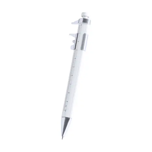 Penna a sfera in plastica multiuso con righello da 10 cm e calibro con meccanismo a scatto e refill blu
