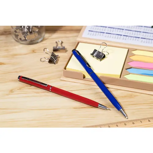 Penna a sfera elegante in alluminio dsiponibile in vari colri con meccanismo a rotazione e refill blu