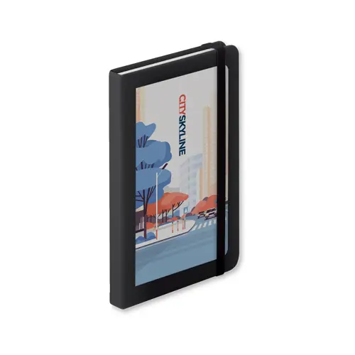 Block notes B7 con copertina in finta pelle e 100 fogli a righe segnalibro e cinturino in gomma coordinati