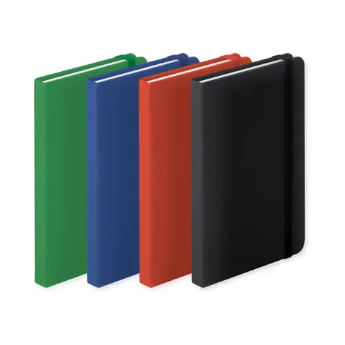 Block notes B7 con copertina in finta pelle e 100 fogli a righe segnalibro e cinturino in gomma coordinati